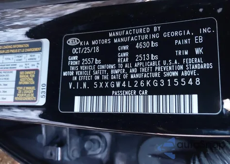 2019 Kia Optima Sx Turbo z USA, uszkodzony, nr VIN 5XXGW4L26KG315548